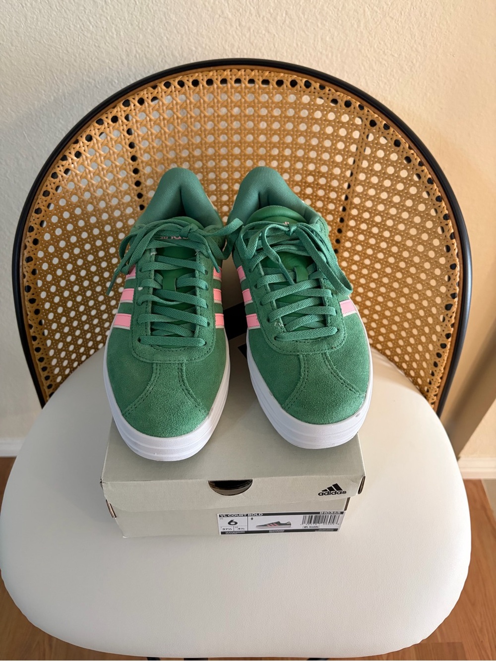 adidas VL bold court Women’s unique pine green Suede Sneakers with Pink Stripes